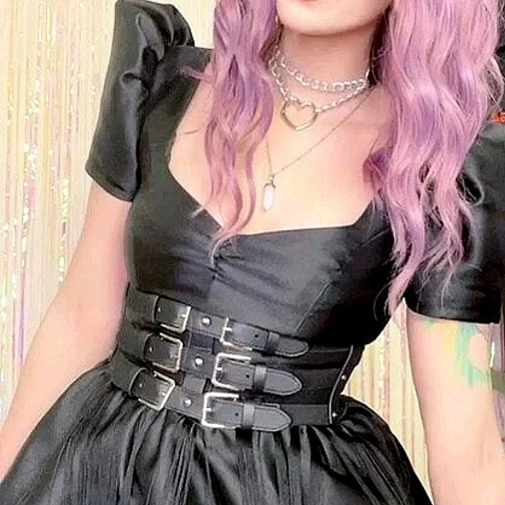 Faux leather Wide corset waist Black Belt studded Goth punk Triple buckle